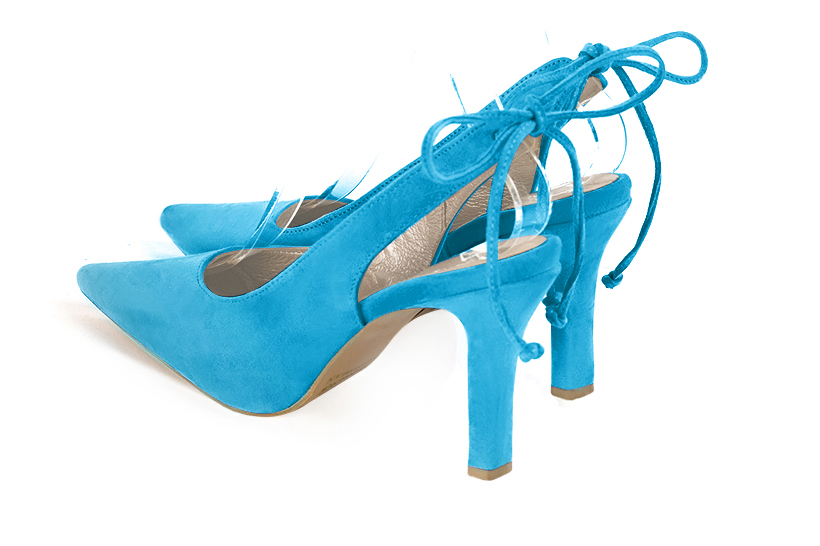Turquoise blue women's slingback shoes. Pointed toe. High slim heel. Rear view - Florence KOOIJMAN